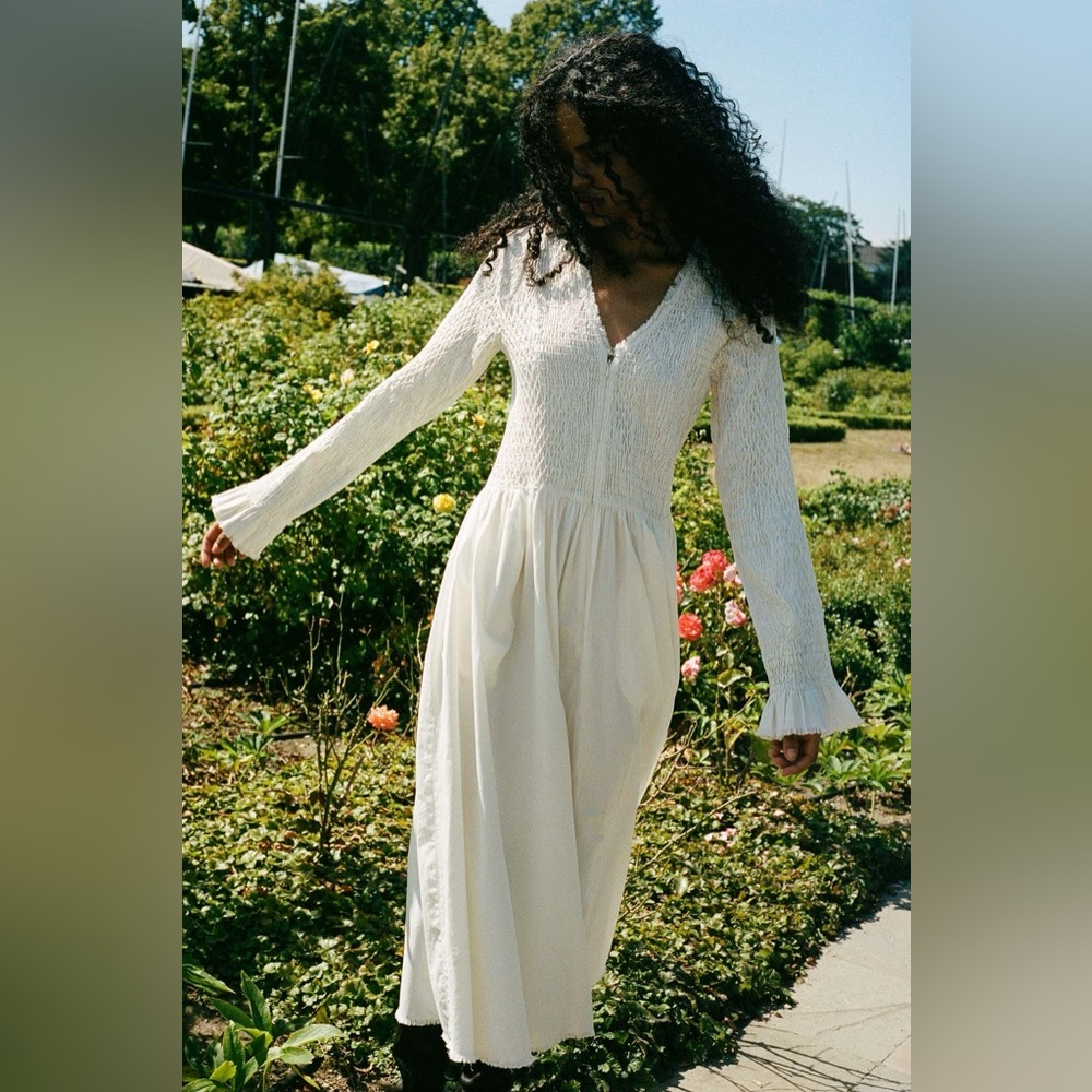 NWT Sea Casey Hand Smocked Long Sleeve Zip Front Dress In Eggshell - Picture 2 of 9